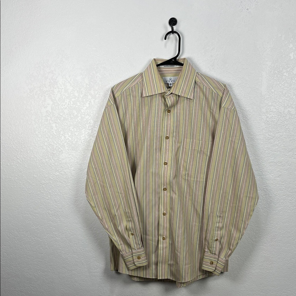 ENRO Sz L Button Front Dress Shirt Long Sleeves Multi-color Stripes  TC0746